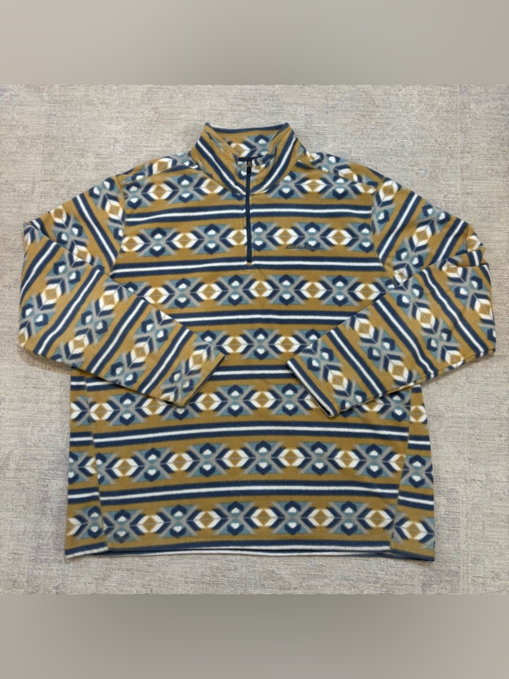 Eddie Bauer Men’s 1/4 Zip Fleece Jacket Blue/Gold Outdoor Aztec Print Size XL